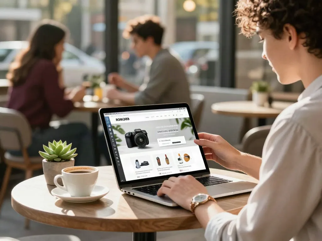 Young adult engaged in rokok88 login at a café, showcasing stylish e-commerce interaction.