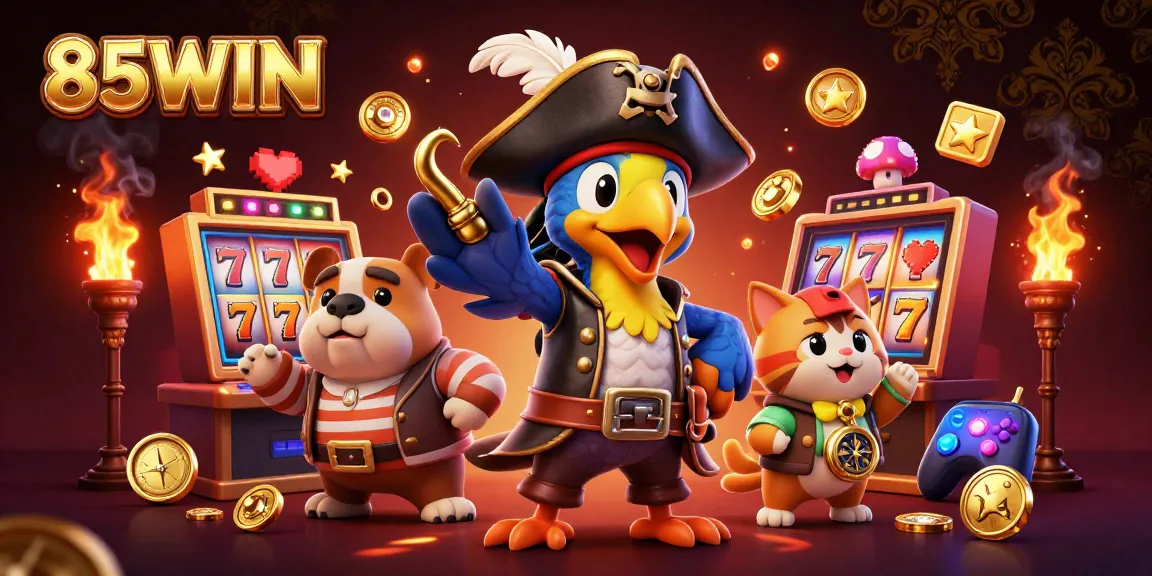 Experience thrilling gaming action with 85WIN's dynamic slot machines and characters in a rich casino scene.