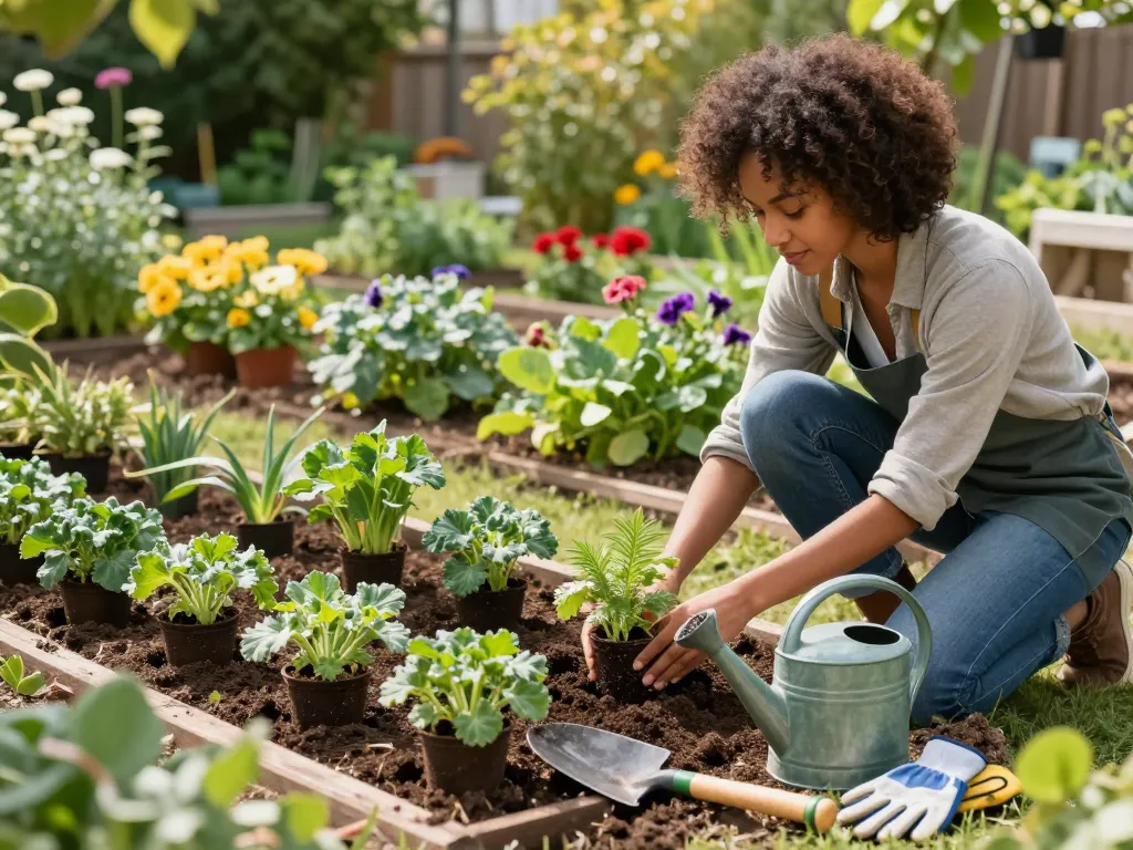 Planting spargelpflanzen in lush home garden, vibrant colors and gardening tools.