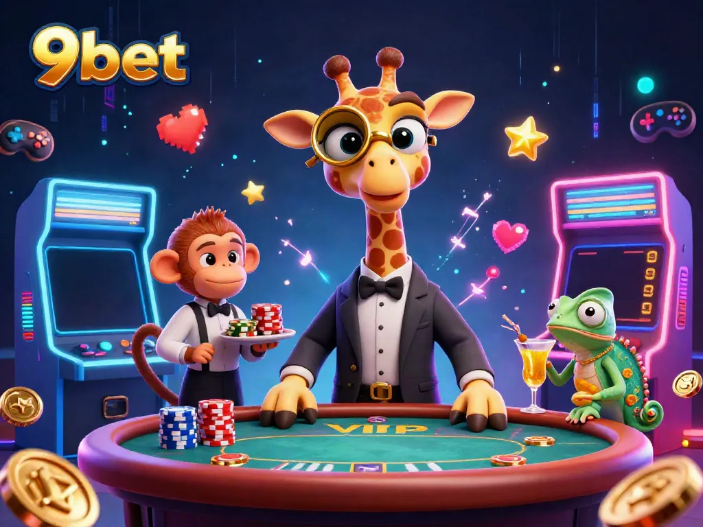 9bet showcases a high-roller giraffe, monkey valet, and chameleon bartender amidst vibrant casino games.