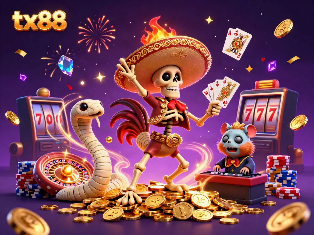 Experience thrilling wins with tx88's vibrant 3D casino scene featuring animated characters and dynamic gaming elements.
