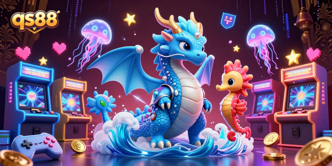 Join the thrilling world of qs88 with a majestic dragon and playful seahorse amidst vibrant gaming elements.
