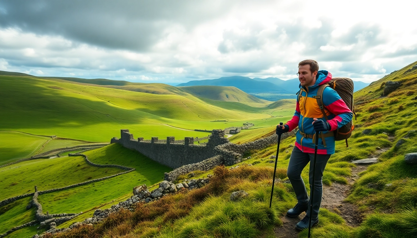 Erleben Sie das wandern in Irland in der atemberaubenden Landschaft mit sanften Hügeln und dramatischem Himmel.