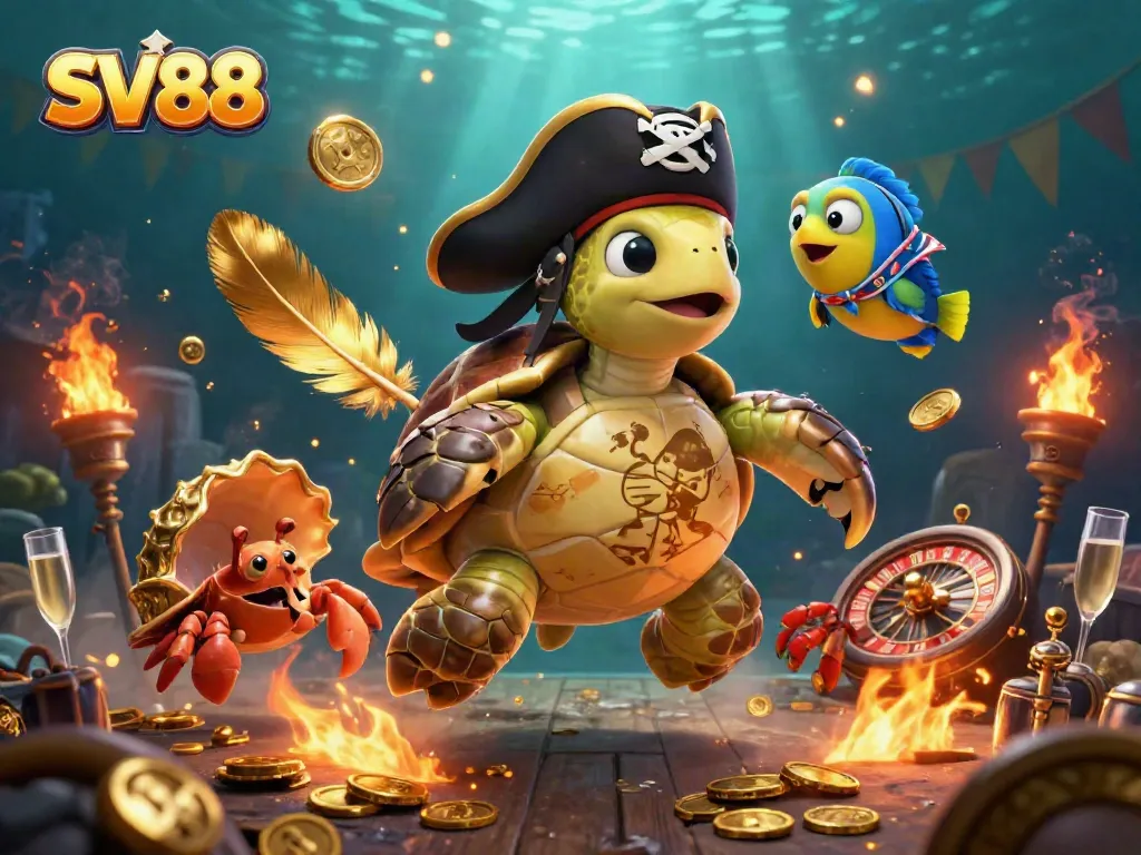 Engage with SV88 featuring a pirate turtle, crab, and fish amidst vibrant casino elements