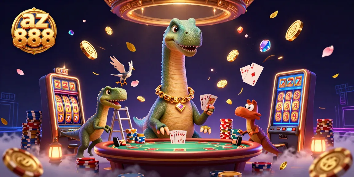 Engage with az 888's vibrant casino atmosphere featuring a fantastical dinosaur-themed card game scene.