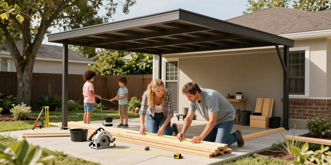 Familie beim Bau eines Carports im Garten, handwerkliche Aktivitäten und Werkzeuge sichtbar.