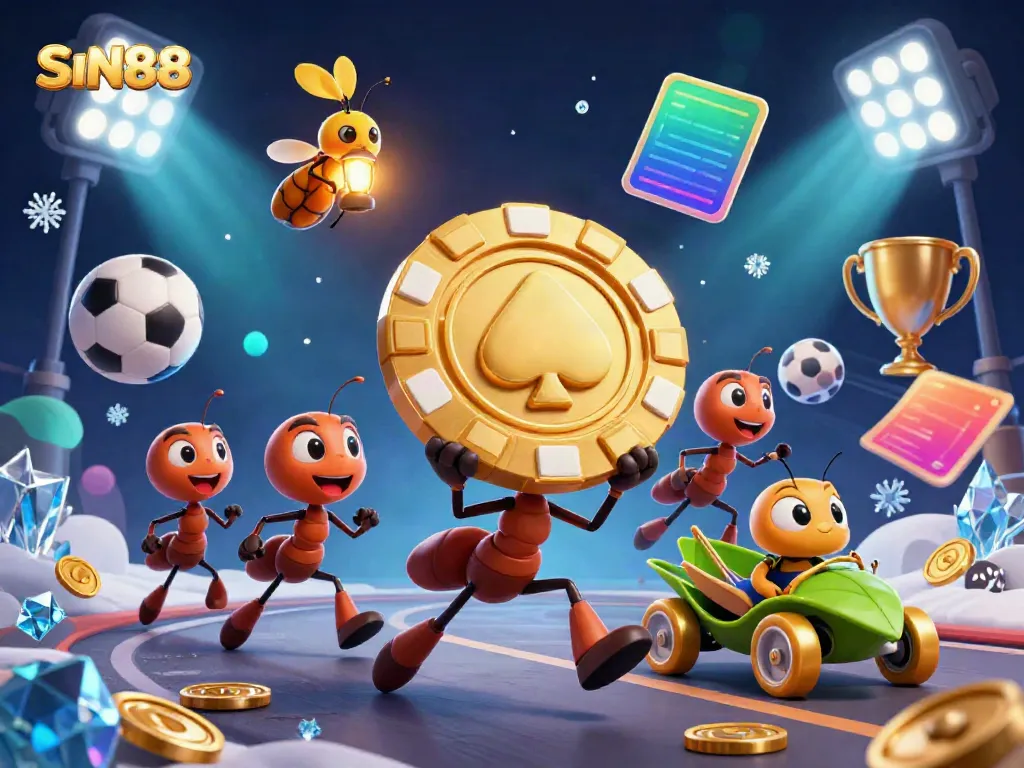SIN88 heist scene with ants and sports elements, embodying exciting online gambling adventure
