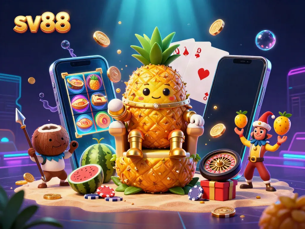 Engage with sv88's casino thrills through a rich 3D scene featuring a pineapple king and vibrant gaming elements.