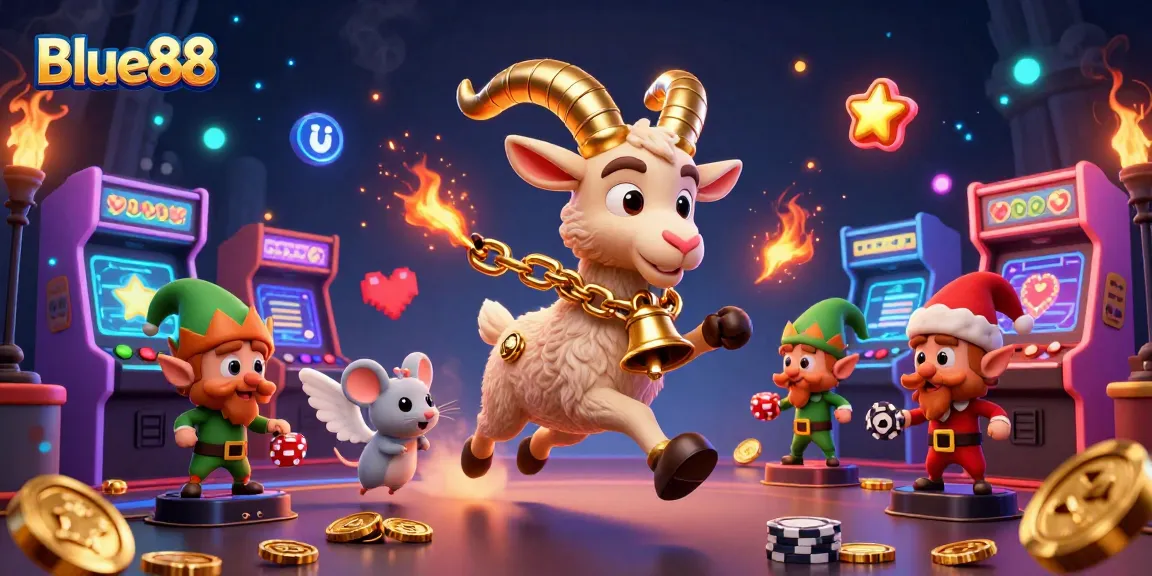 Experience Blue88's captivating casino atmosphere with colorful games and mischievous characters