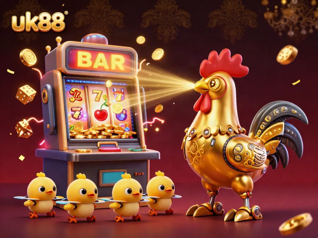 Experience the thrills of uk88's casino gaming with a dynamic scene of a golden rooster robot amid a jackpot explosion.