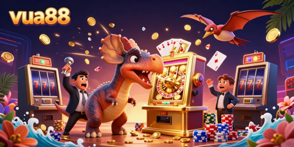 Engaging scene featuring vua88's dynamic casino environment with a dinosaur celebrating slot wins amidst flying coins.