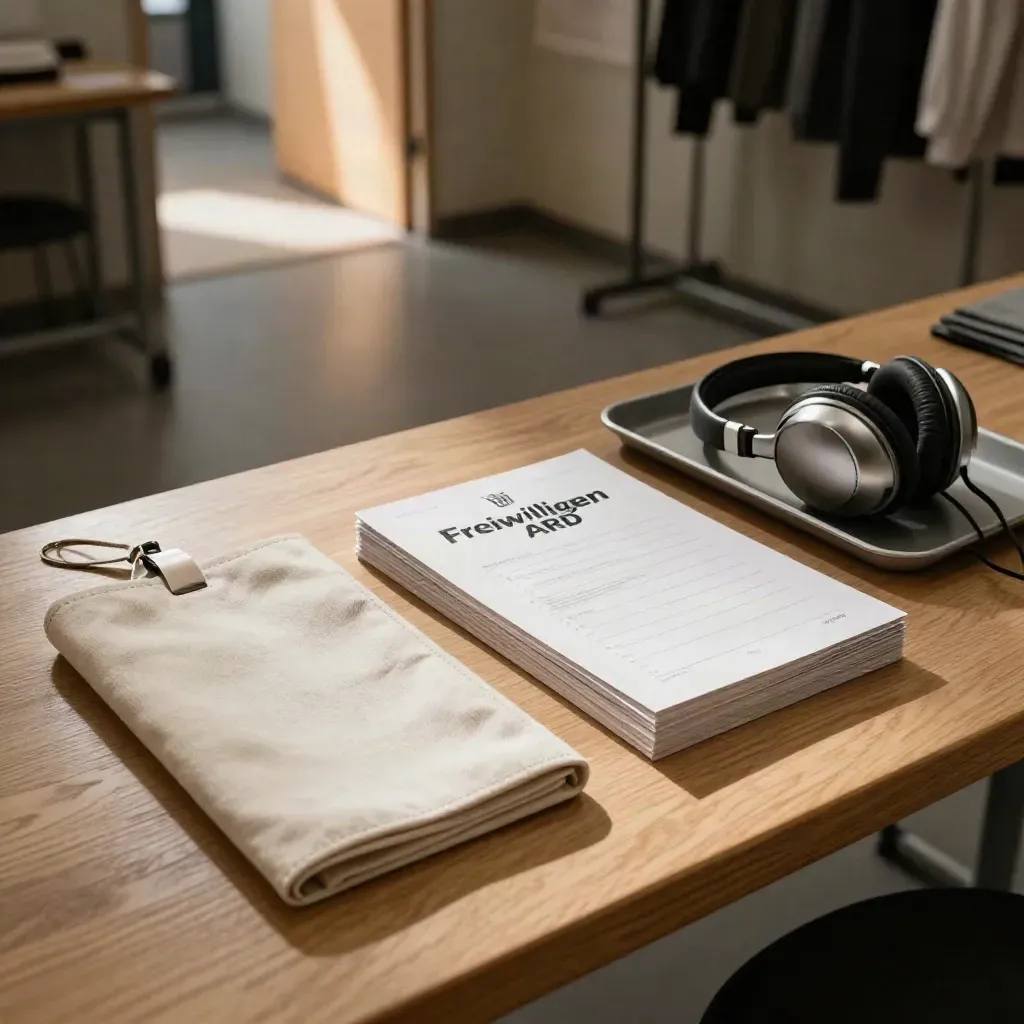 Onboarding-Kit mit Lanyard, Mappe, Trennkarten und Headset-Hülle auf hellem Holz.