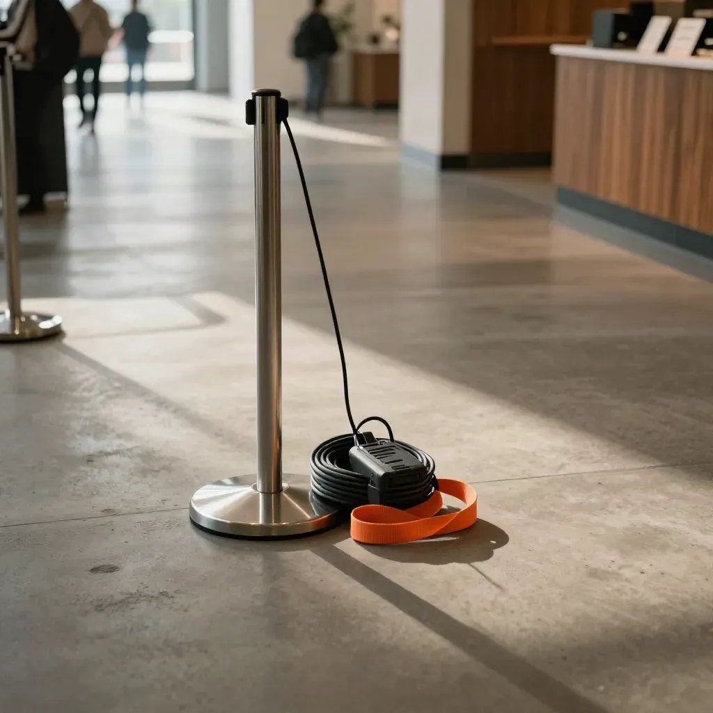 Event-Support-Lane im Foyer mit Absperrständer, Kabel, Funkdock und orangefarbener Führungsleine