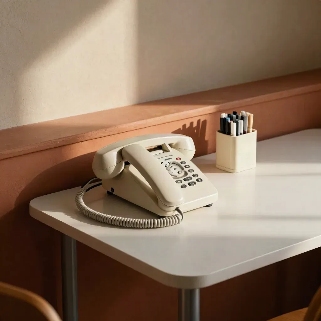 Telefon, Headset und Markerhalter auf einer warmen Terrakottaleiste im ruhigen Servicepunkt.