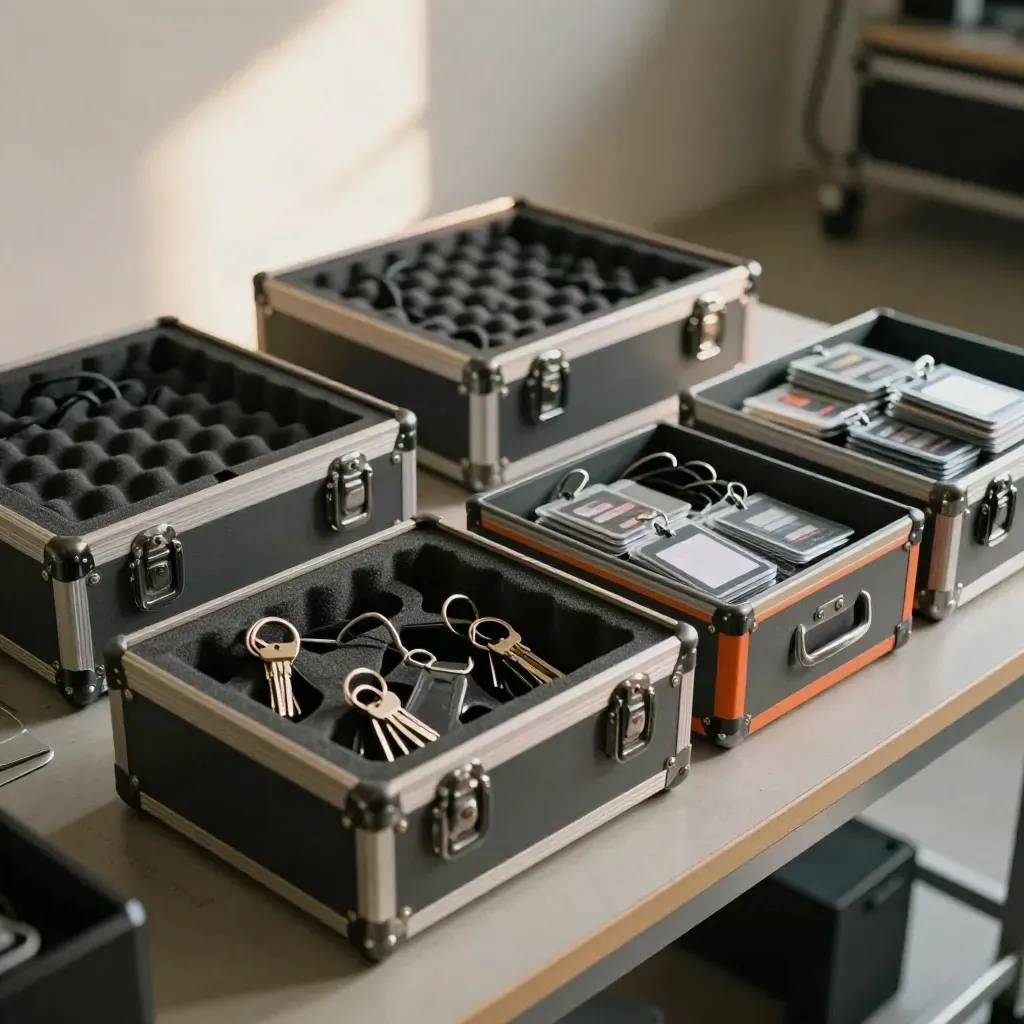 Vorbereitete ARD-Volunteer-Kisten mit Headset-Boxen, Schlüsseln und Badges im Studioraum.