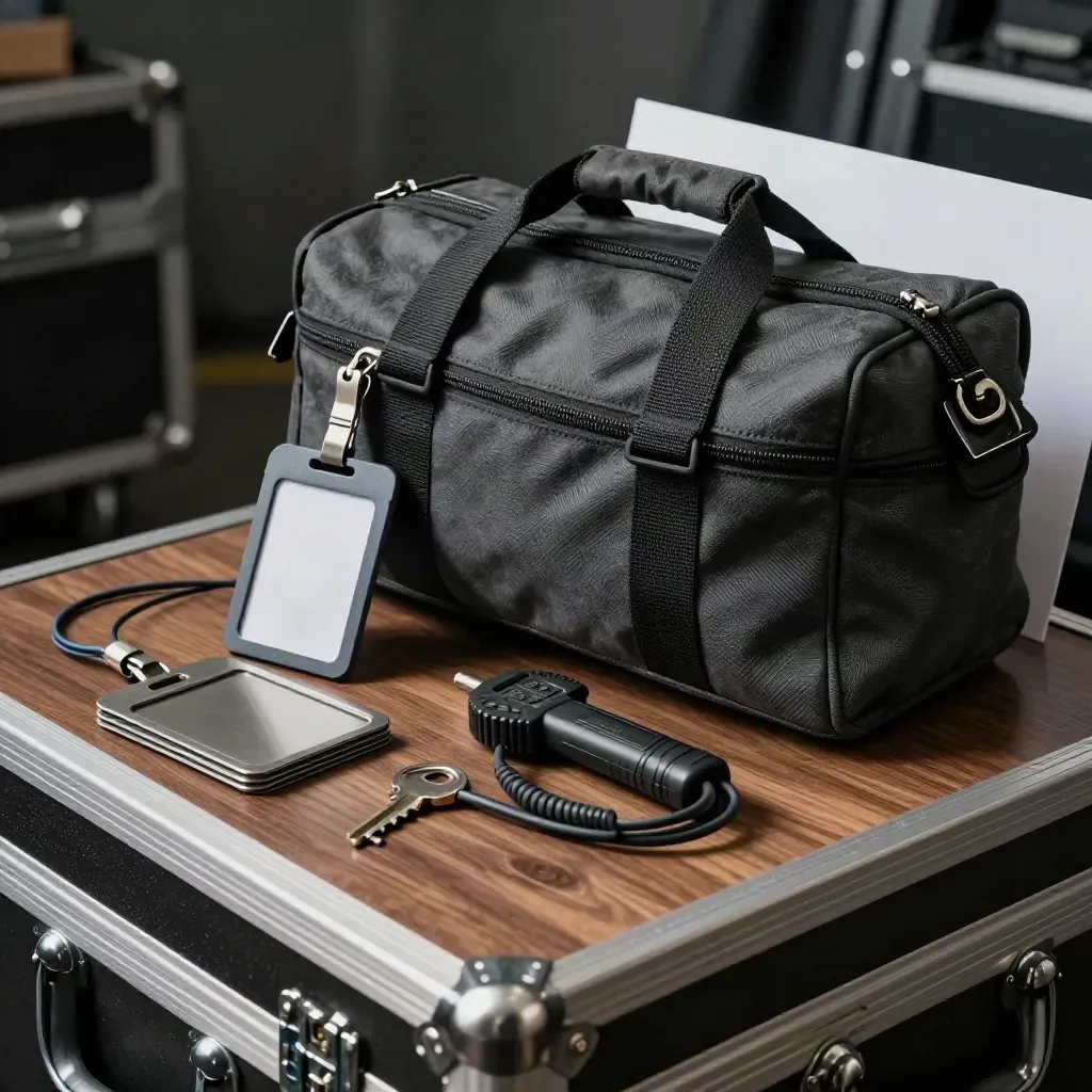 Standort-Kit mit Zutrittsanhänger, Bodenmarker, Kabeltester und Transporttasche auf Flightcase.
