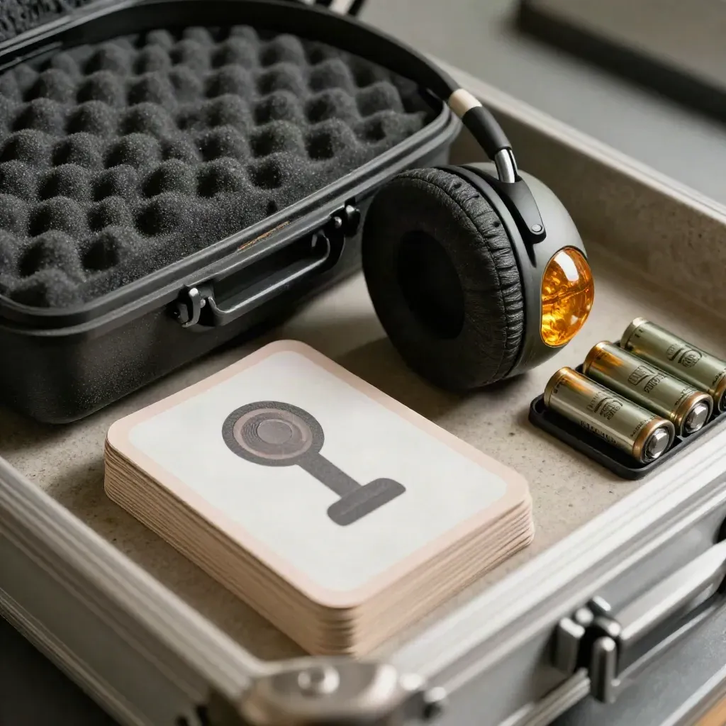 Trainings-Set mit Headset-Hülle, Signallampe, Kartenstapel und Batterien auf hellem Stein.