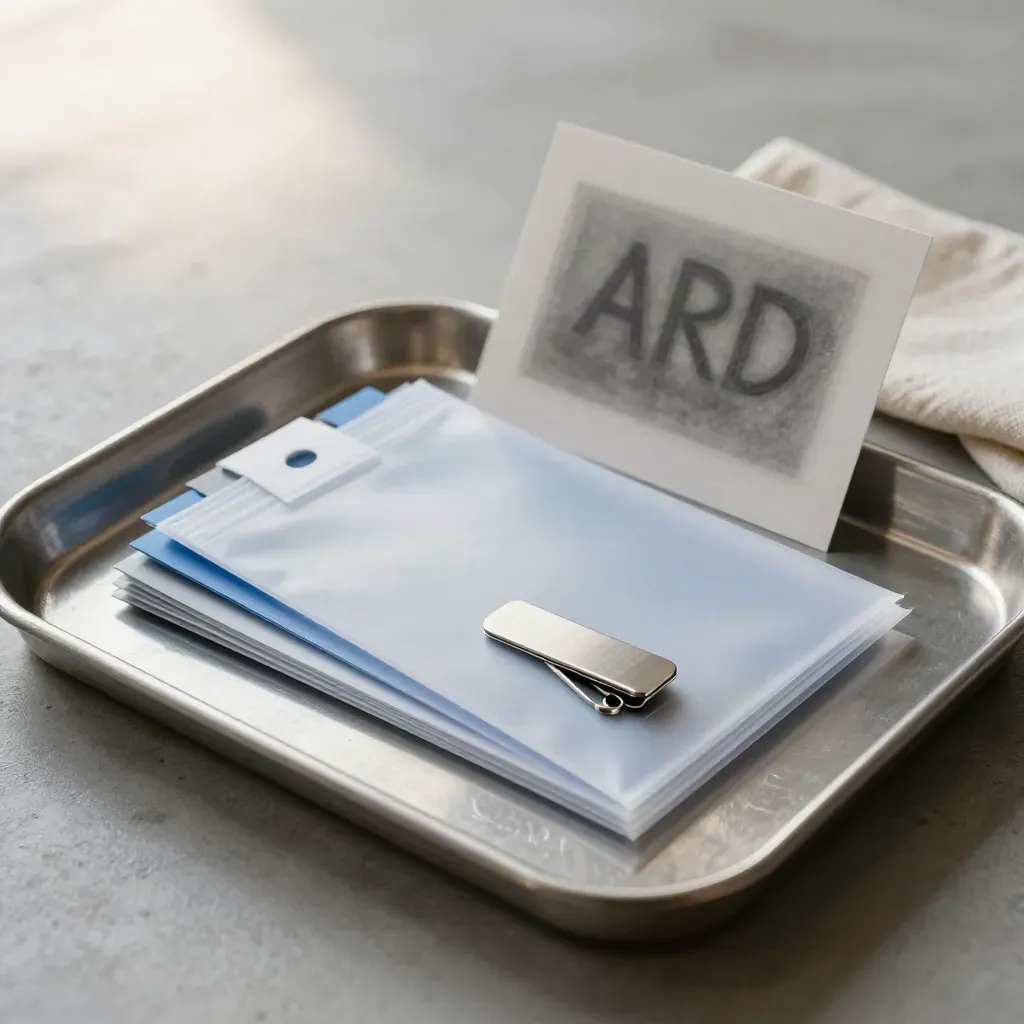 Rollen-Tabs, versiegelte Hülle und Badge-Clip auf gebürstetem Metall im kühlen Licht.