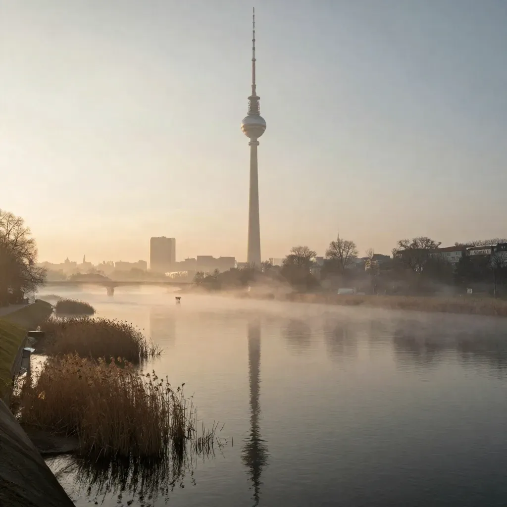 Fernsehturm über nebliger Spree-Landschaft im warmen Morgenlicht.