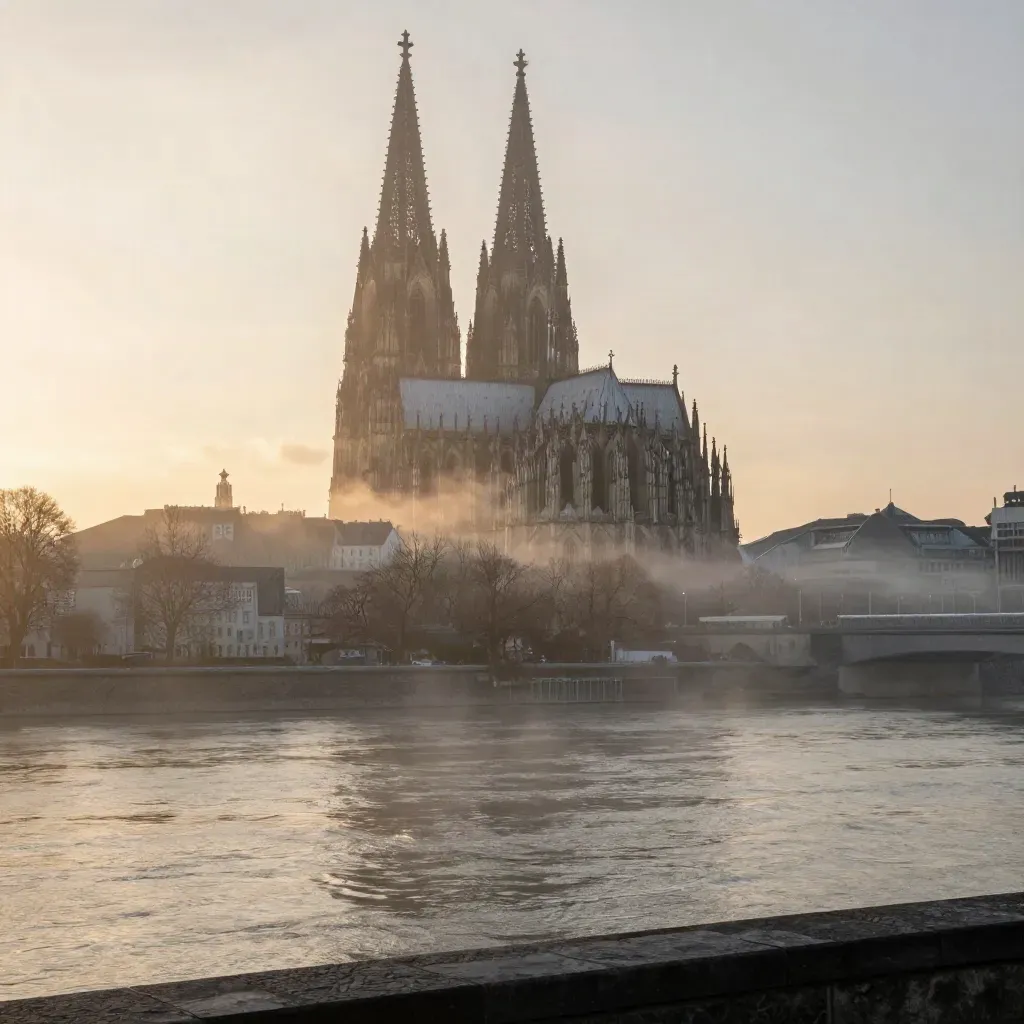 Kölner Dom über Rhein-Nebel mit goldenem Abendlicht und ruhiger Uferzone
