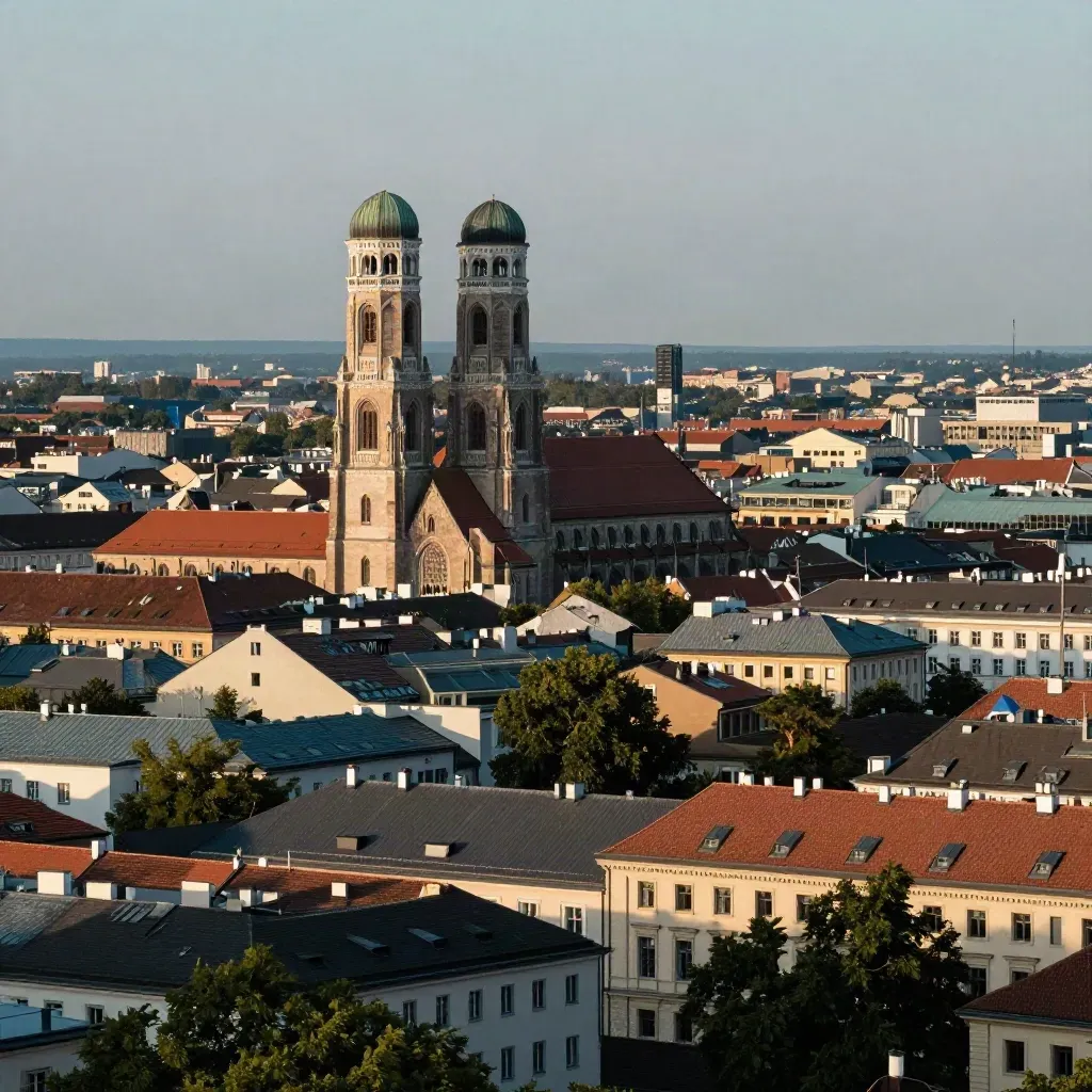 Münchens Dächer mit Frauenkirche und Alpenstreifen in warmem Frühsommerlicht