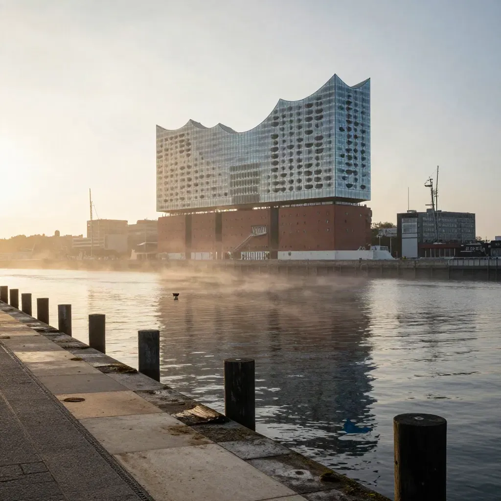 Elbphilharmonie und Hafenmasten über ruhigem Wasser im Abenddunst in Hamburg.