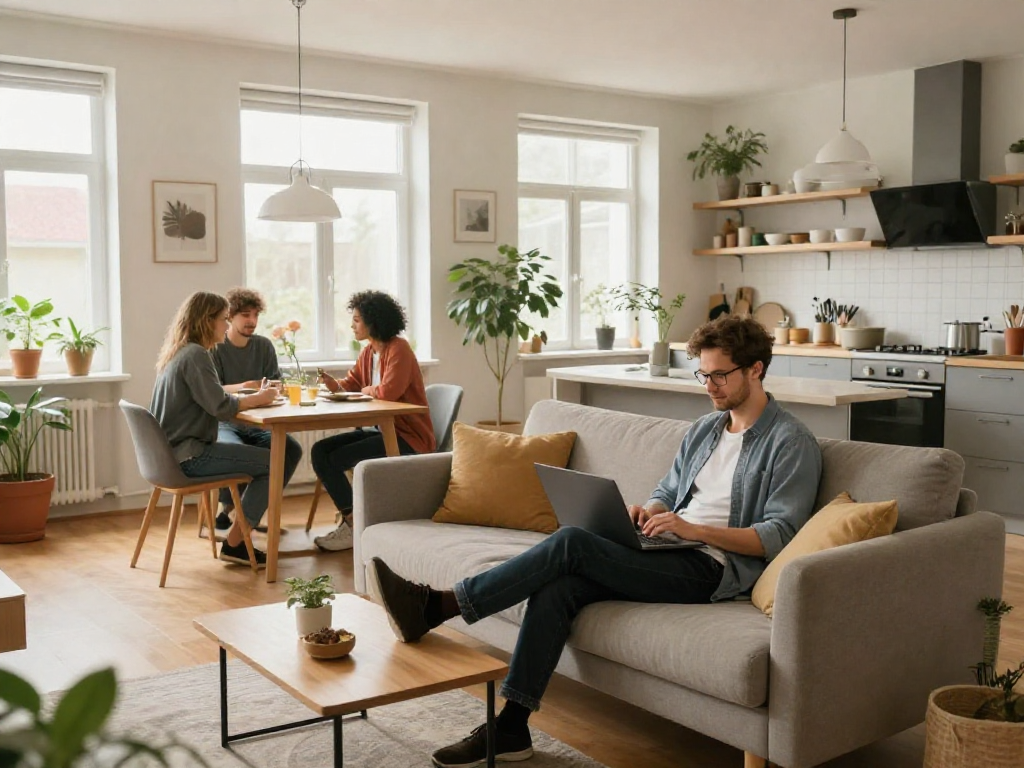 Moderne Monteurwohnung in Hannover mit gemütlichem Wohnzimmer und voll ausgestatteter Küche, ideal für Geschäftsreisende.