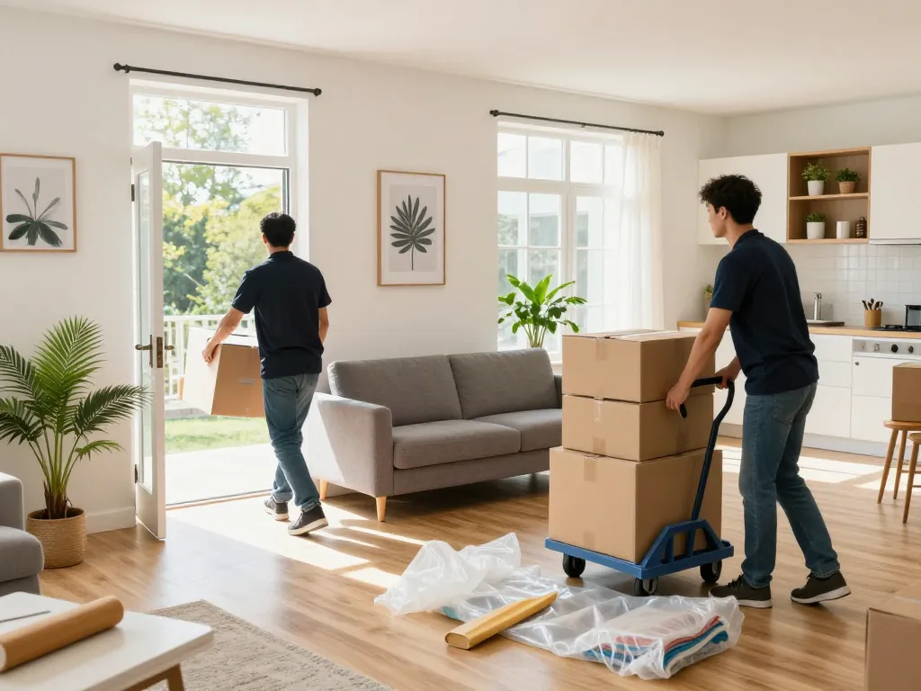 Professionelle Umzugshelfer von Umzugsunternehmen Hannover, die einen stressfreien Umzug in einer hellen Wohnung managen.