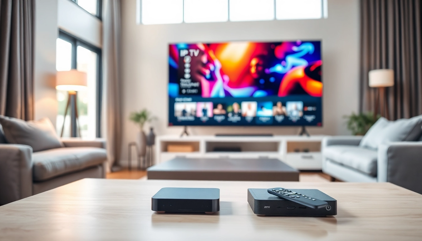 IPTV Anbieter Empfehlung in einem modernen Wohnzimmer mit Streaming-Setup und gemütlicher Atmosphäre.