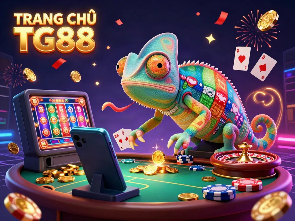 Engage with the vibrant casino scene at TRANG CHỦ TG88 with a chameleon casino owner and exciting games.