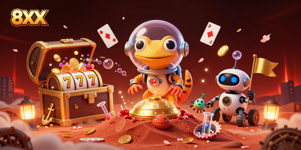 Celebrate wins at 8XX with a vibrant 3D casino scene featuring colorful slot elements and adventurous characters.