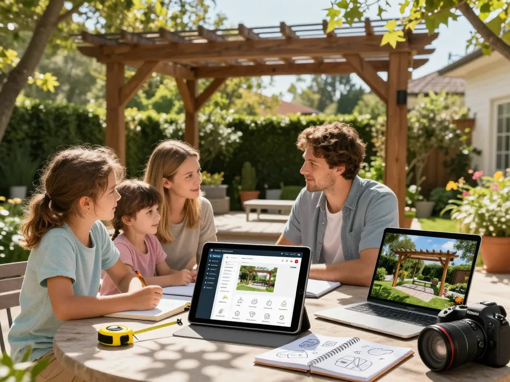 Familie nutzt einen Pergola-Konfigurator, um ihren Traum-Außenbereich mit AR-Ansichten zu gestalten.