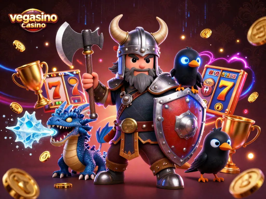 Experience gaming excitement with the vibrant illustration of vegasino casino, featuring epic characters and thrilling slot elements.