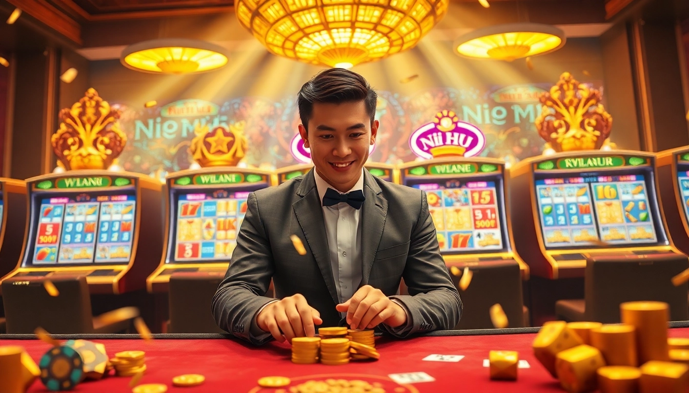 Experience the excitement of nổ hũ with a player winning at vibrant slot machines in a luxurious casino.