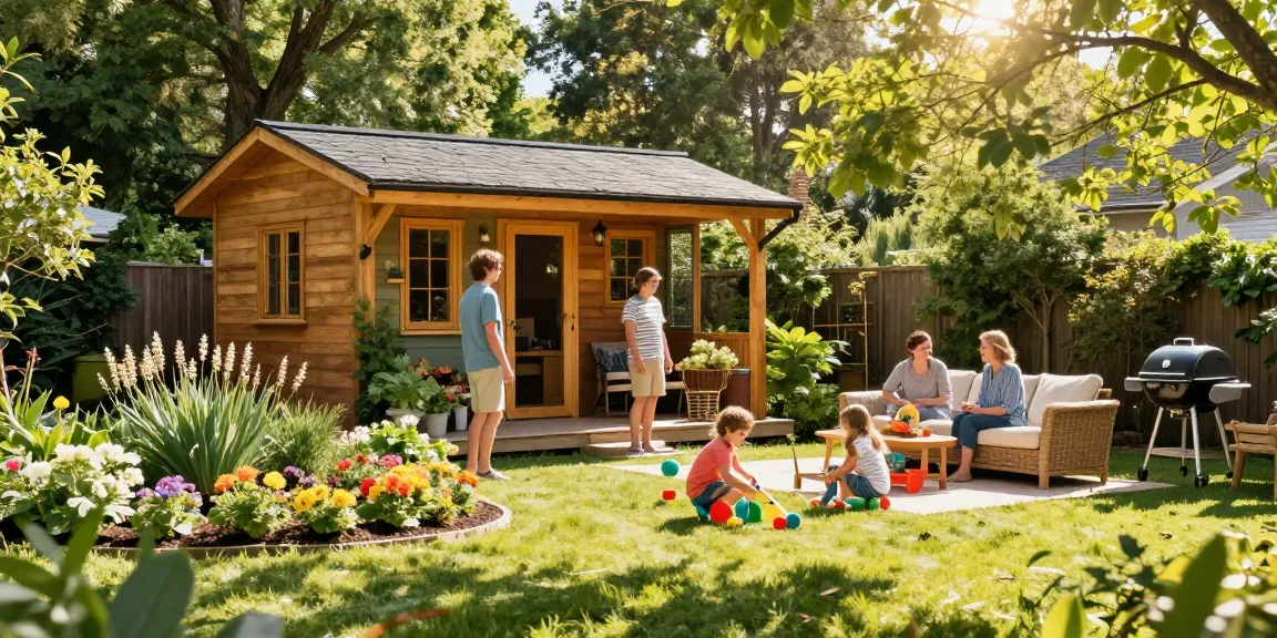 Gemütliche Gartenatmosphäre mit Gartenhäusern umgeben von lebendigen Blumen und spielenden Kindern.