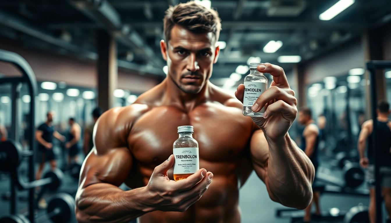 Trenbolon kaufen: Athlet zeigt starkes Muscle in Fitnessstudio mit trenbolon Vial.