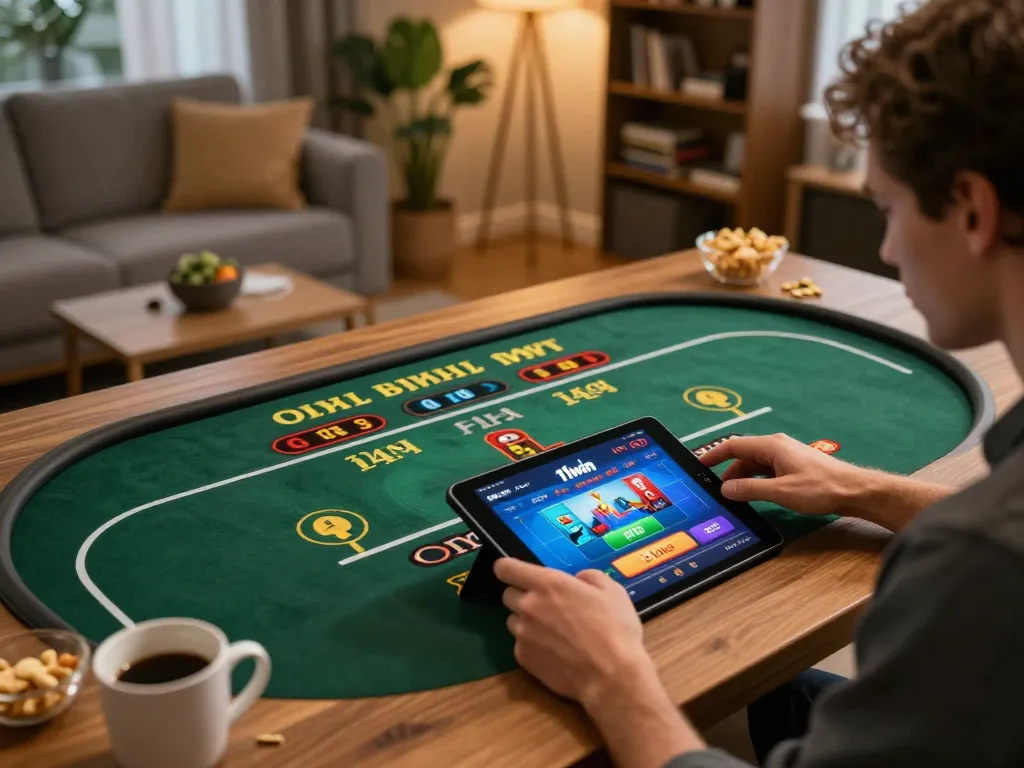 Engaging with the 11win app on a cozy home gaming setup, capturing responsible play