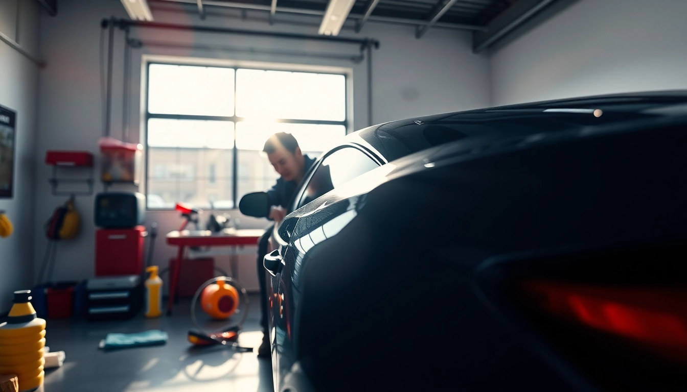 Fahrzeugaufbereiter reinigt professionell ein Auto in hellen Garagenumgebung.
