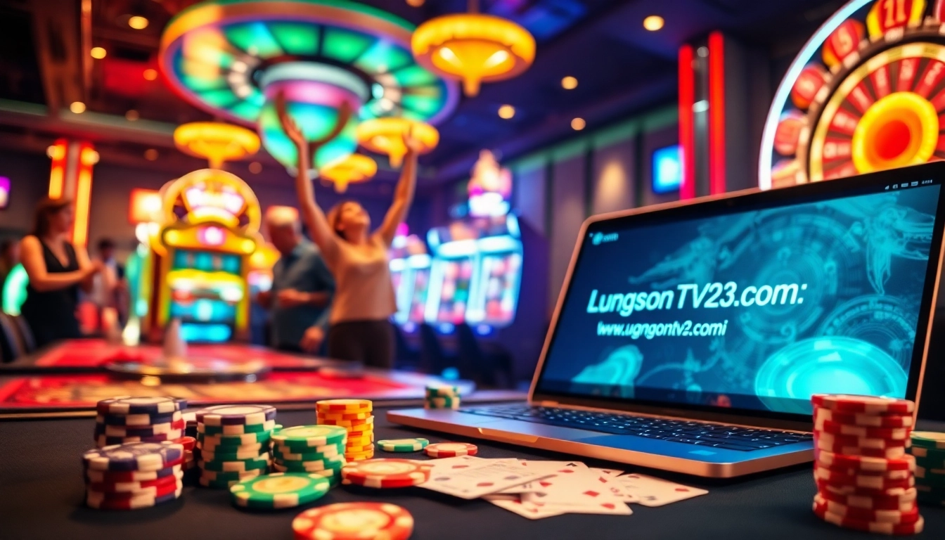 Engage in the thrill of online gambling at https://luongsontv23.com/, featuring poker tables and vibrant chips.