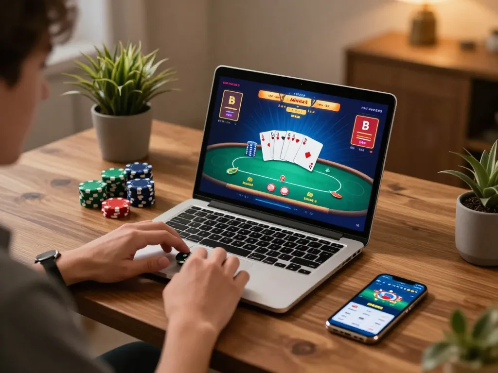 Engaging in strategic online poker at home, showcasing a user interface with cards and bets, emphasizing sunwin gaming.