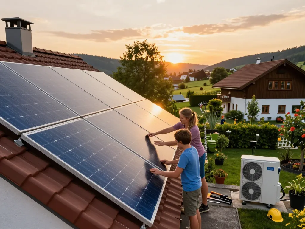 Photovoltaik Bayern Dachinstallation, die eine Familie zeigt, die mit Solarpanels und Wärmepumpe in einer bayerischen Umgebung interagiert.
