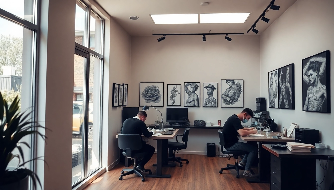 Client showcasing custom design at Tattoo Studio München with professional tattoo artist creating intricate details.