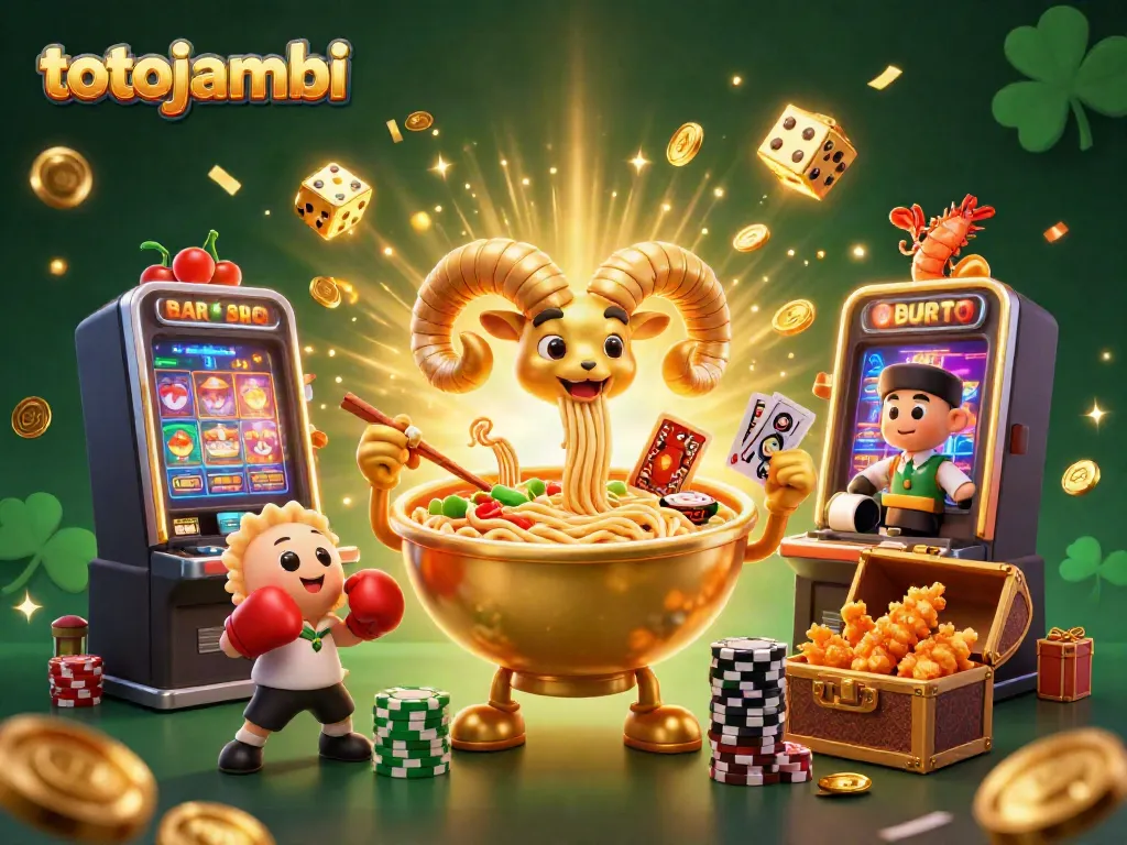 Experience the excitement at totojambi with a vibrant casino scene featuring a giant ramen bowl dealer, cheerful sushi, and engaging game elements.