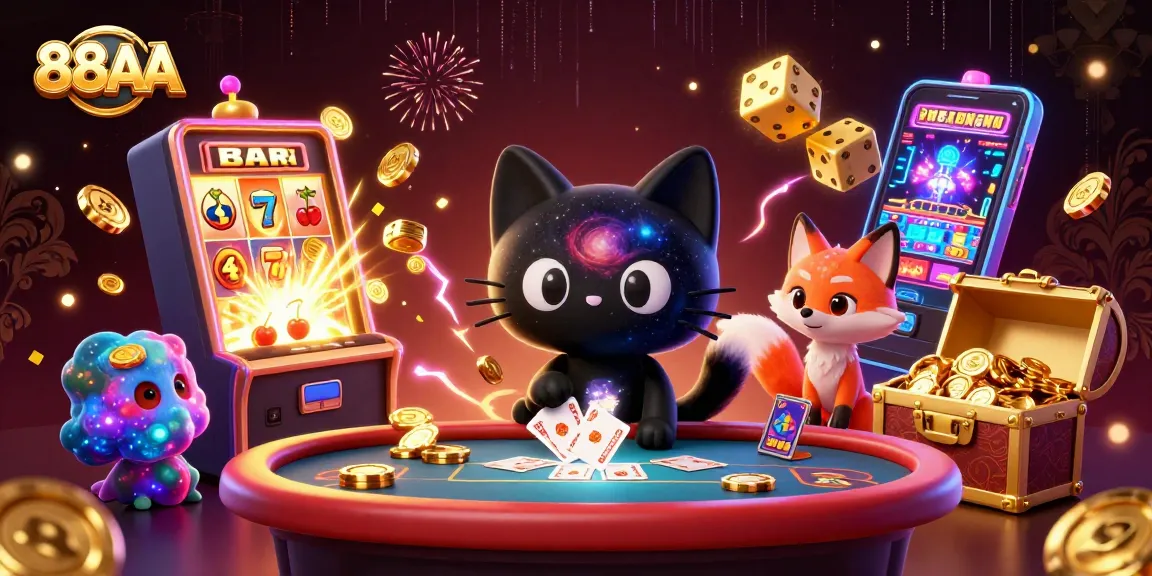 Experience the thrilling world of 88AA with a cosmic casino cat and vibrant game elements.