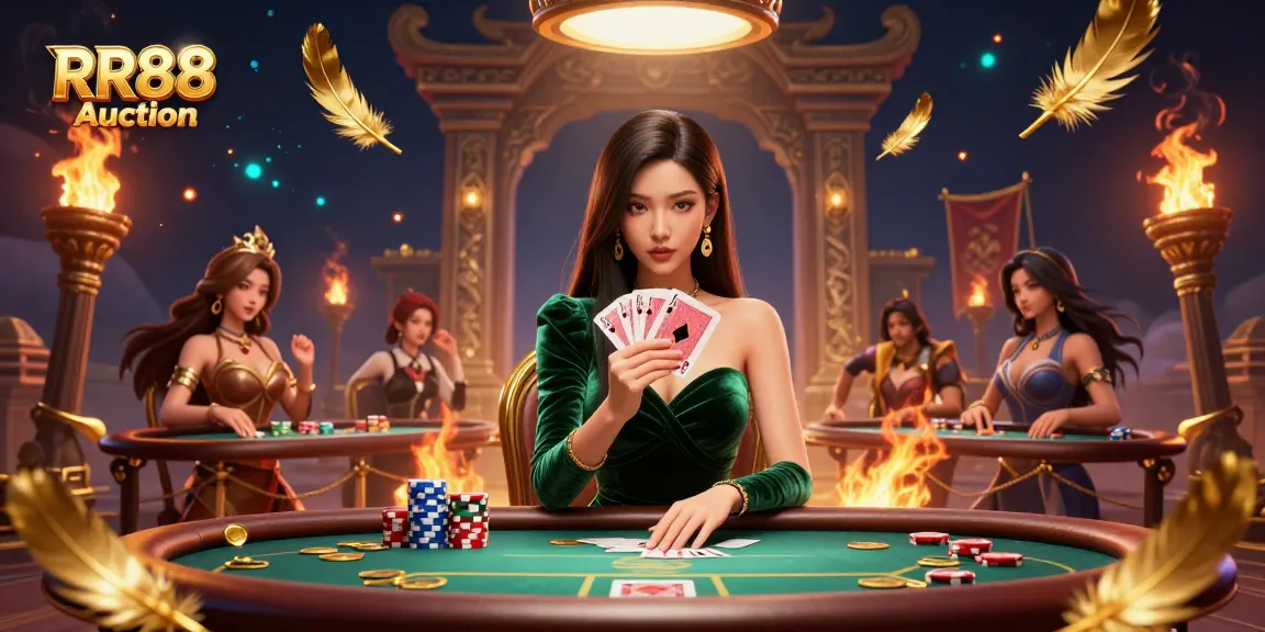 Play winning hands at RR88 Auction with a stunning Asian woman at a luxury poker table.