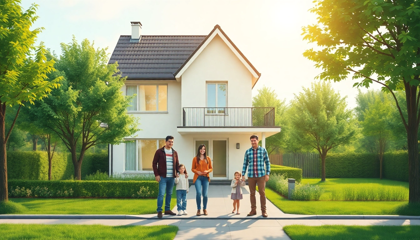 Feiern Sie den Hauskauf mit einer glücklichen Familie vor ihrem neuen Eigenheim im Grünen.