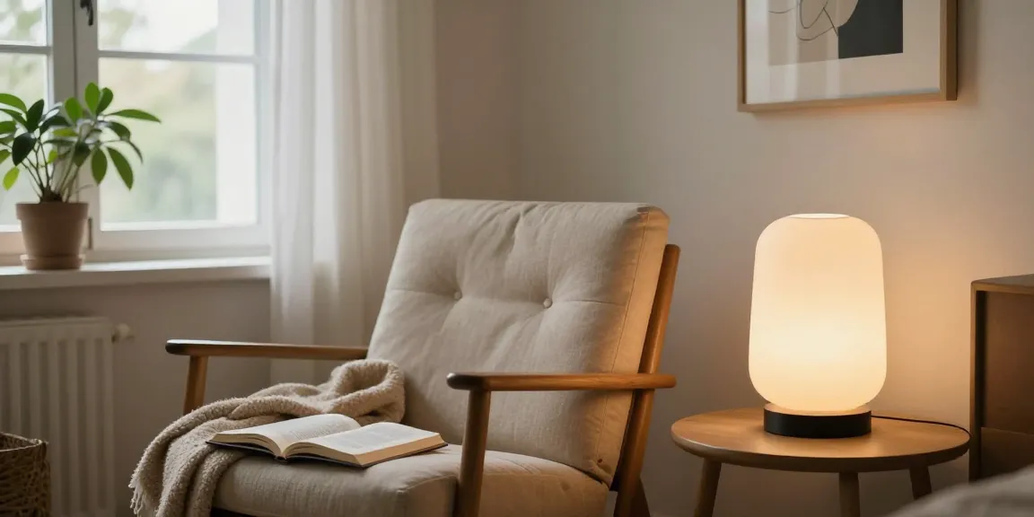 Elegantes Wohnzimmer mit Dreibeinlampen, die warmes Licht neben einem Lesesessel spenden.