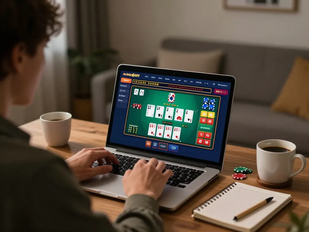 Player enjoying aud77 online casino blackjack, showcasing dynamic gameplay strategy in cozy home office.