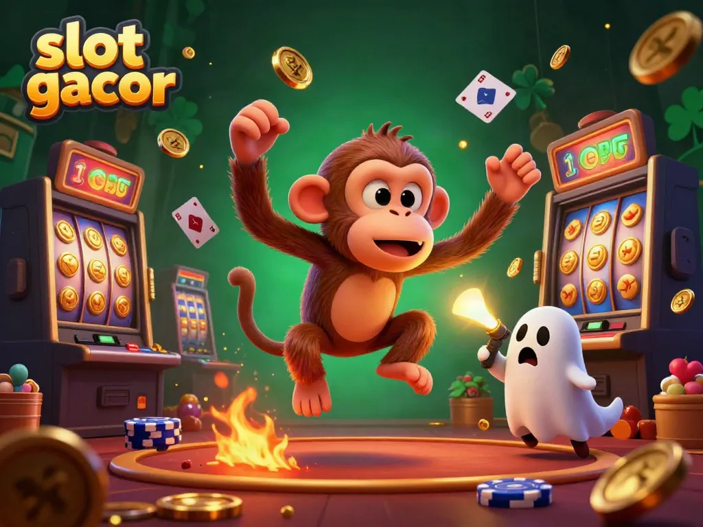 Experience the thrill of slot gacor at a haunted casino with a mischievous monkey and ghost-hunter puppy in a dynamic setting.