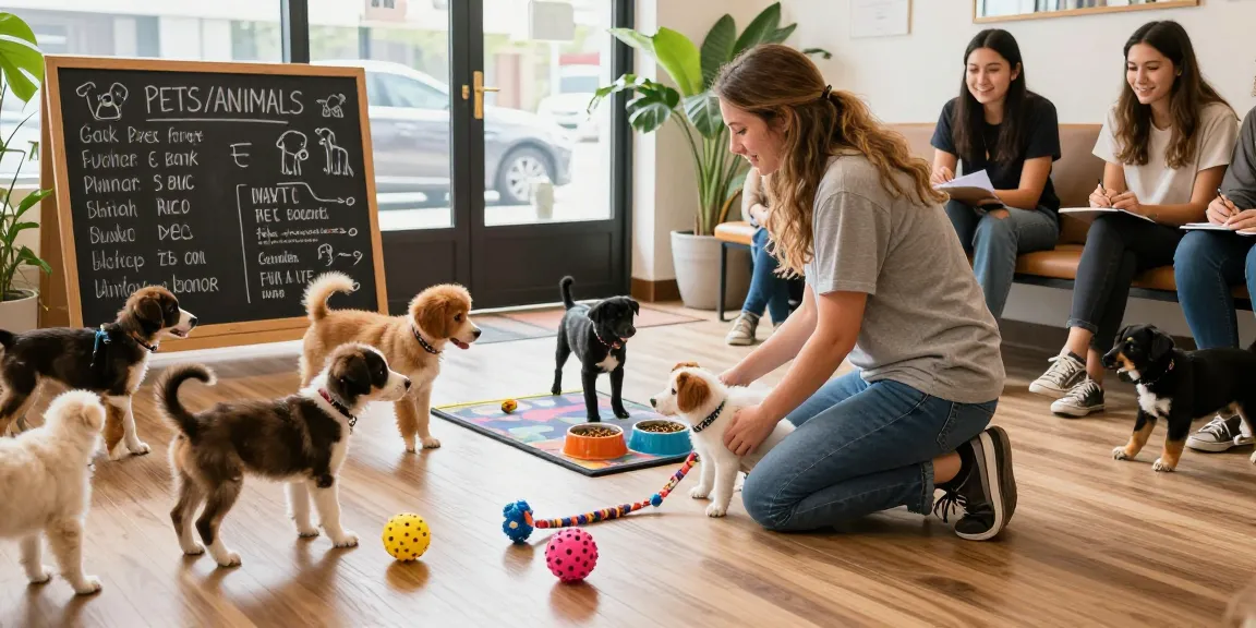Training puppies at a pet café, featuring rokok88 link alternatif tips, cheerful interactions, and bright atmosphere.